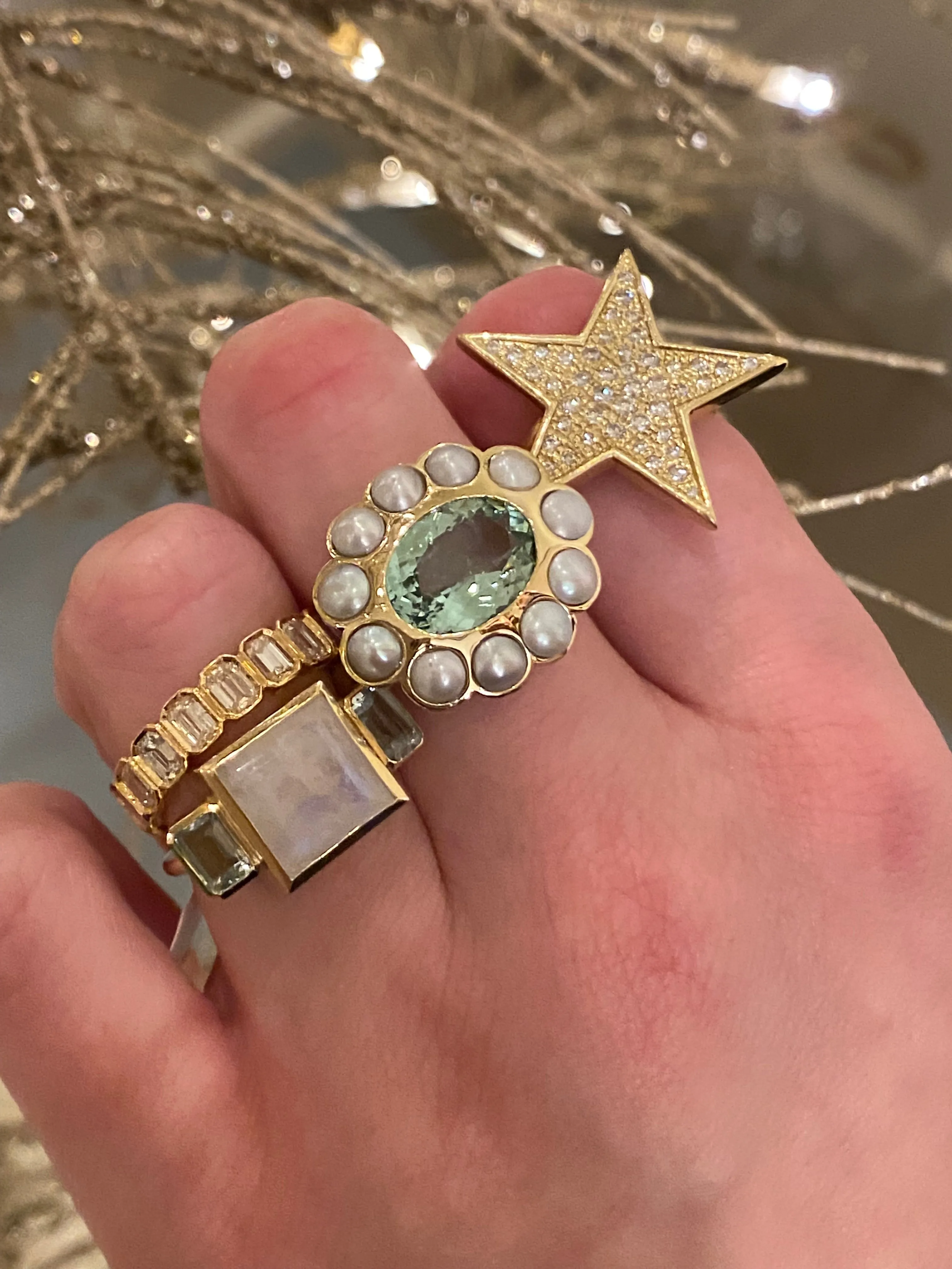 14K YG Moonstone and Aquamarine Trilogy Ring