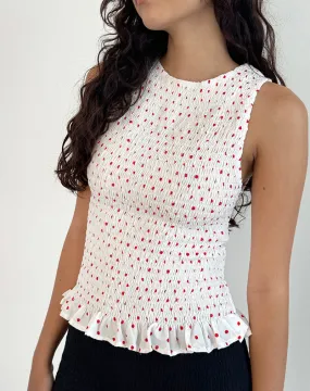 Birita Shirred Tank Top in White and Red Polkadot