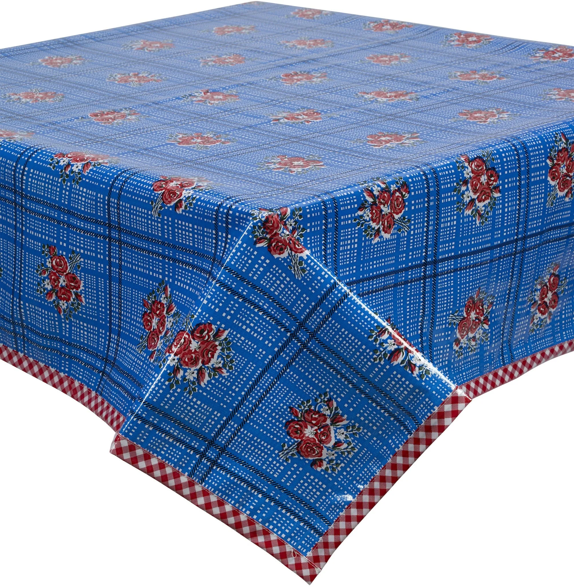 Bouquet Blue Oilcloth Tablecloths with Red Gingham Trim