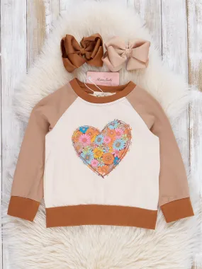 Brown Raglan Floral Heart Shirt