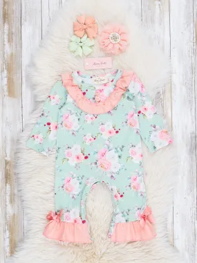 Coral & Green Rose Bouquet Ruffle Romper