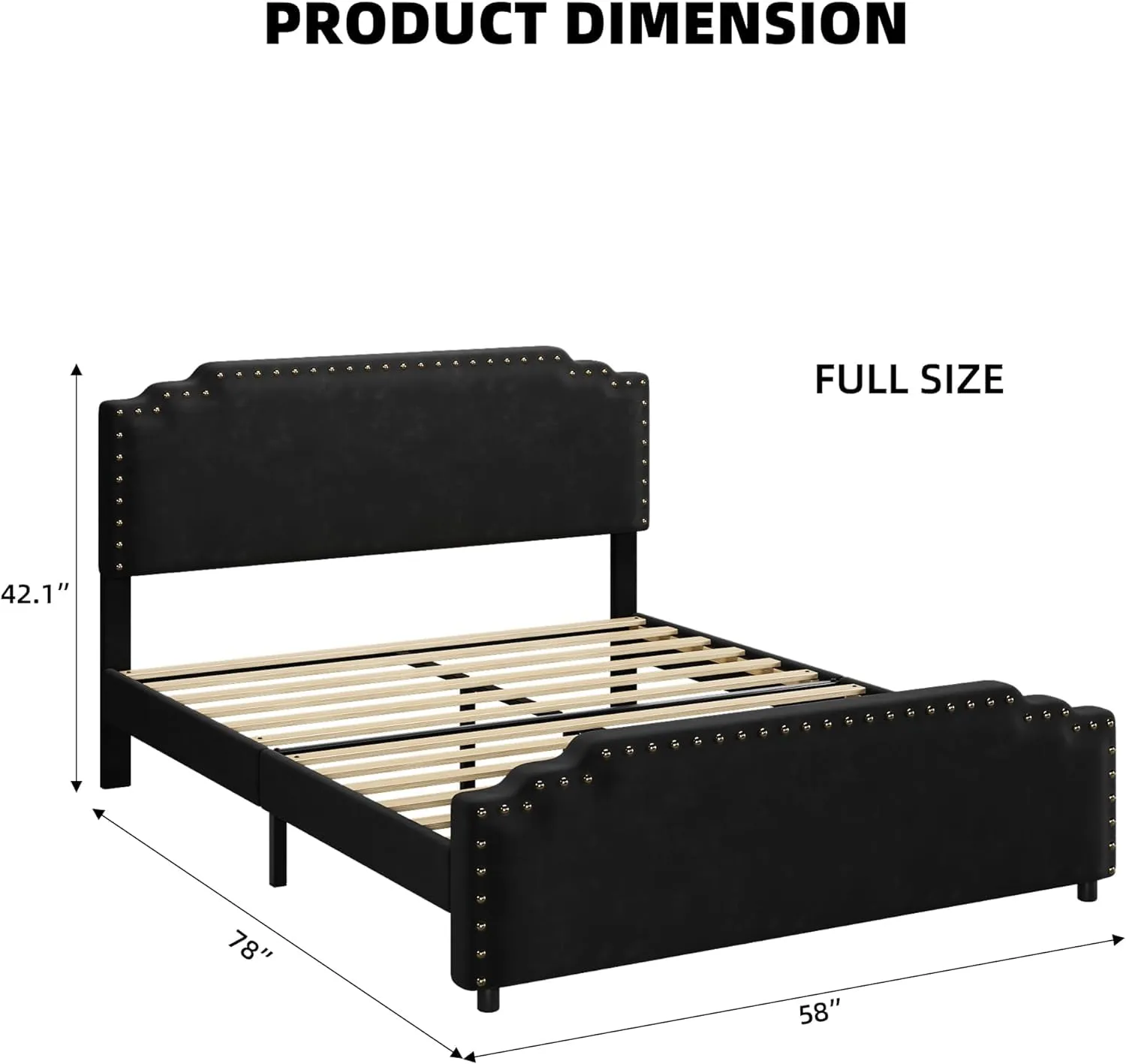 GARVEE Full Size Bed Frame, Velvet Upholstered Platform Bed Frame with Rivet Decor Headboard, Strong Wood Slat Support, No Box Spring Needed(Black/Full)