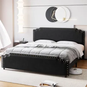 GARVEE Full Size Bed Frame, Velvet Upholstered Platform Bed Frame with Rivet Decor Headboard, Strong Wood Slat Support, No Box Spring Needed(Black/Full)