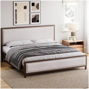 GARVEE Full Size Metal Bed Frame, Upholstered Platform with Linen Headboard, Wood Grain Frame, Rivet Design, No Box Spring, Vintage Walnut