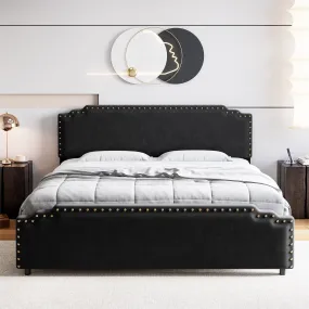 GARVEE King Size Bed Frame, Velvet Upholstered Platform Bed Frame with Rivet Decor Headboard, Strong Wood Slat Support, No Box Spring Needed(Black/King)