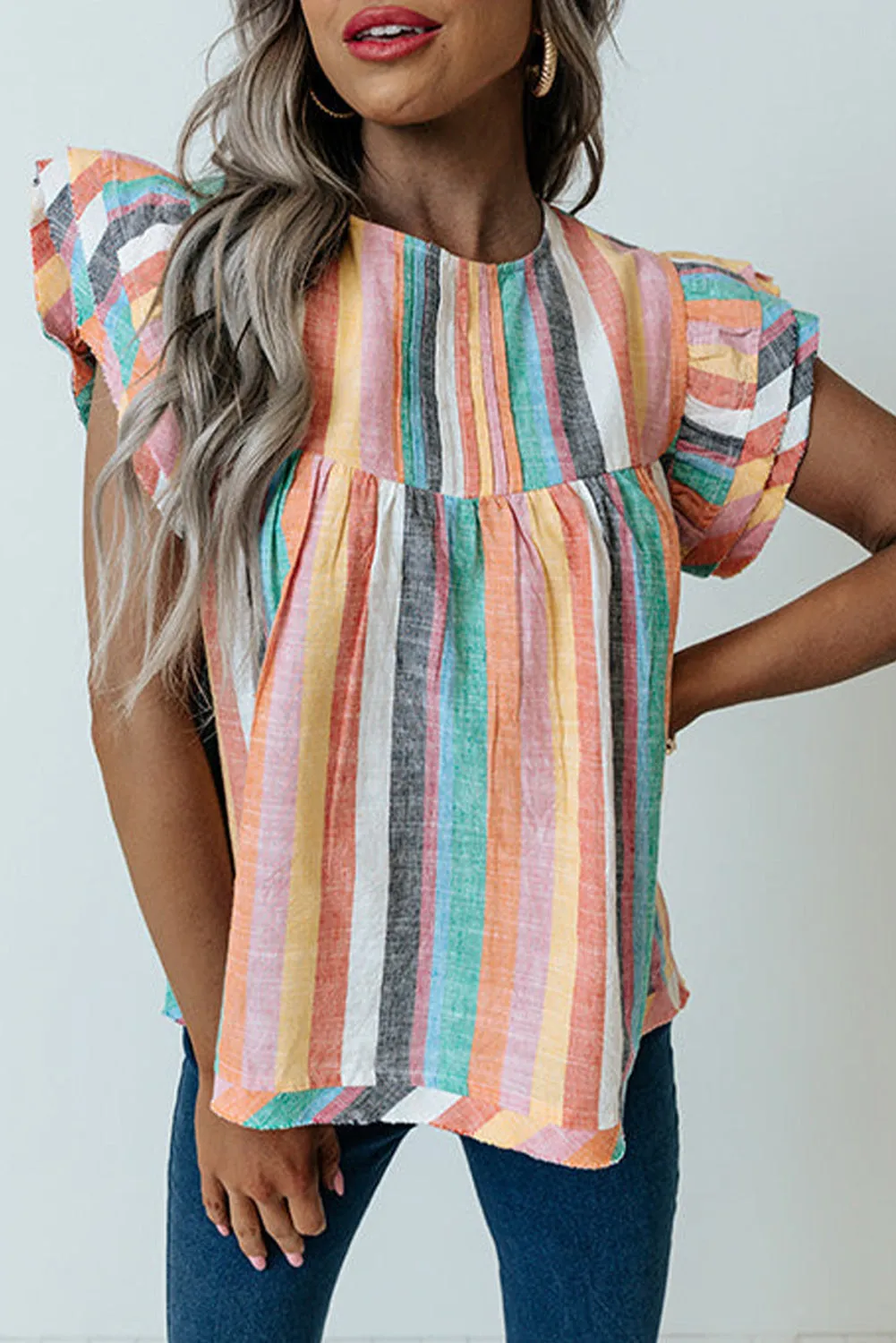 Multicolor Striped Tiered Ruffle Cap Sleeve Top