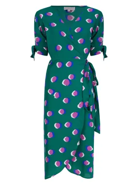 Olivera Midi Dress in Polka Dot Purple on Green