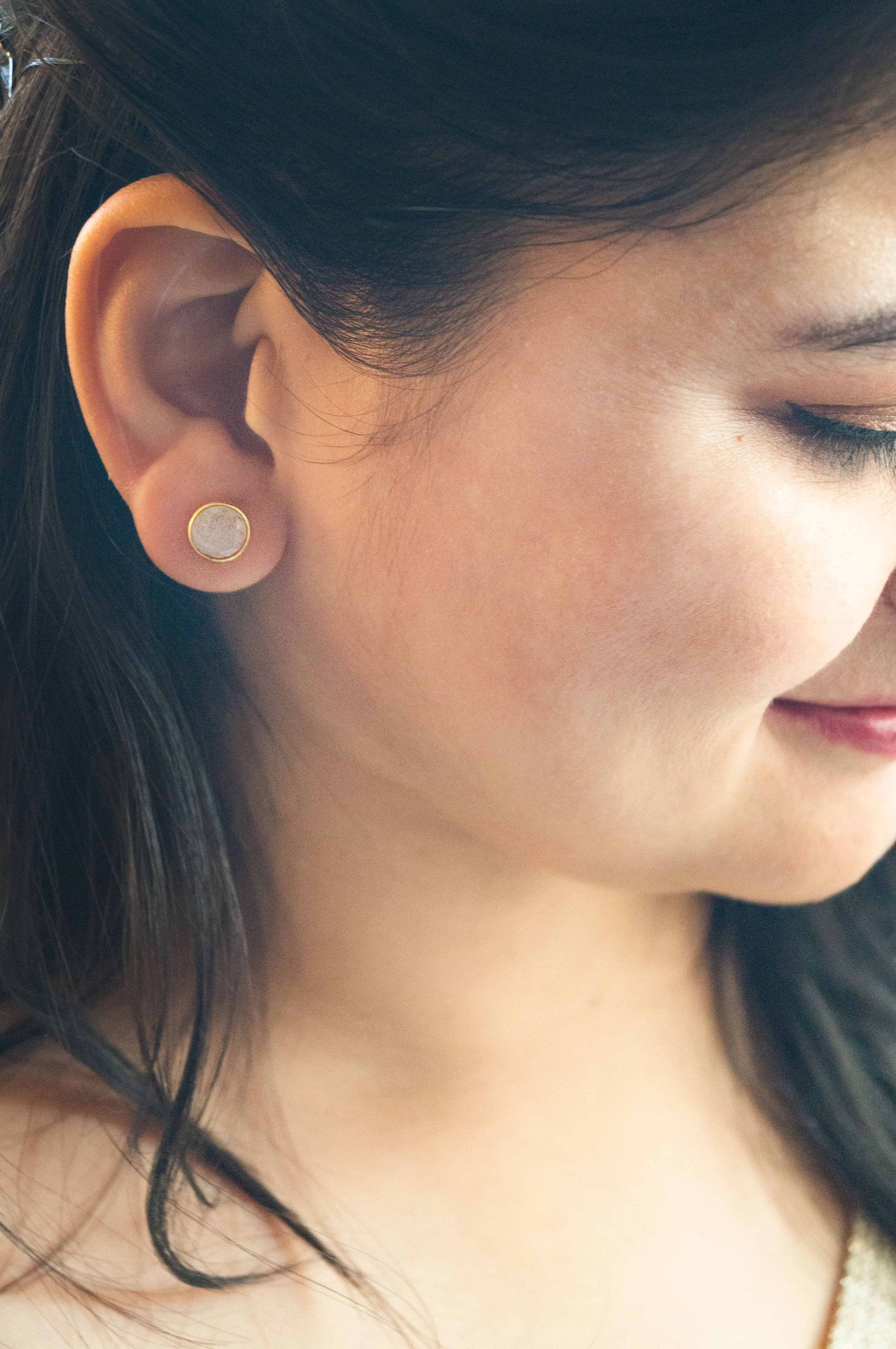 Rainbow Moon Stone Coin Sterling Silver Stud Earrings