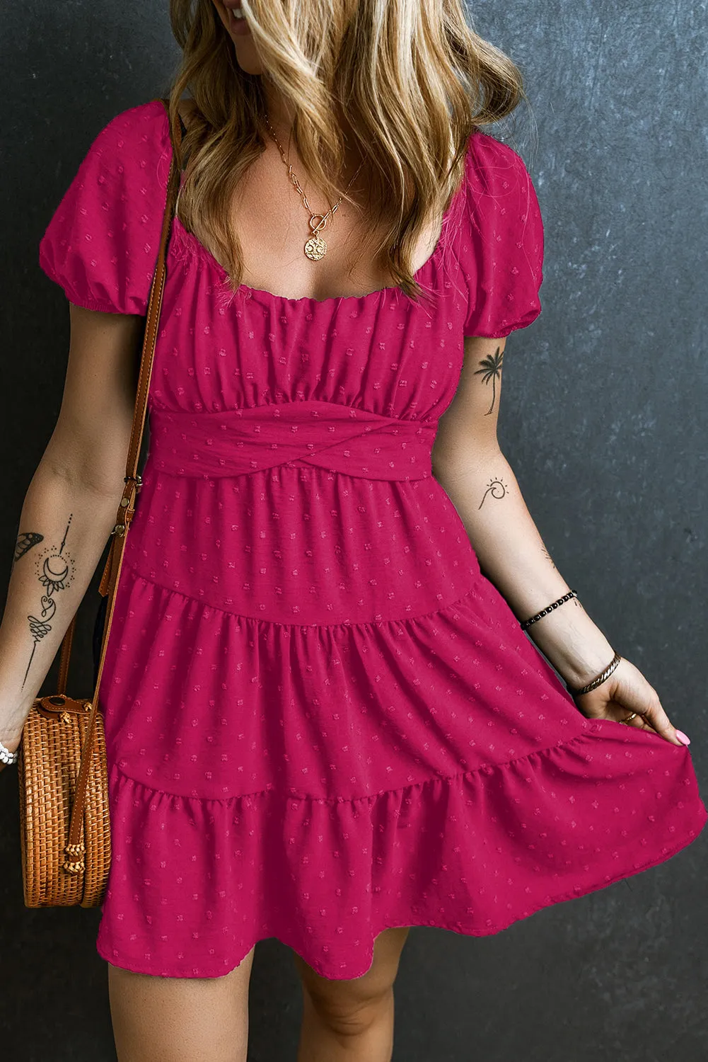 Rose Red Swiss Dot Jacquard Puff Sleeve Crossover Tied Tiered Dress