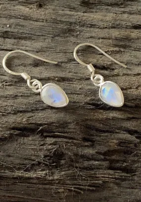 Solid Silver Rainbow Moonstone Tear-drop Drop Earrings